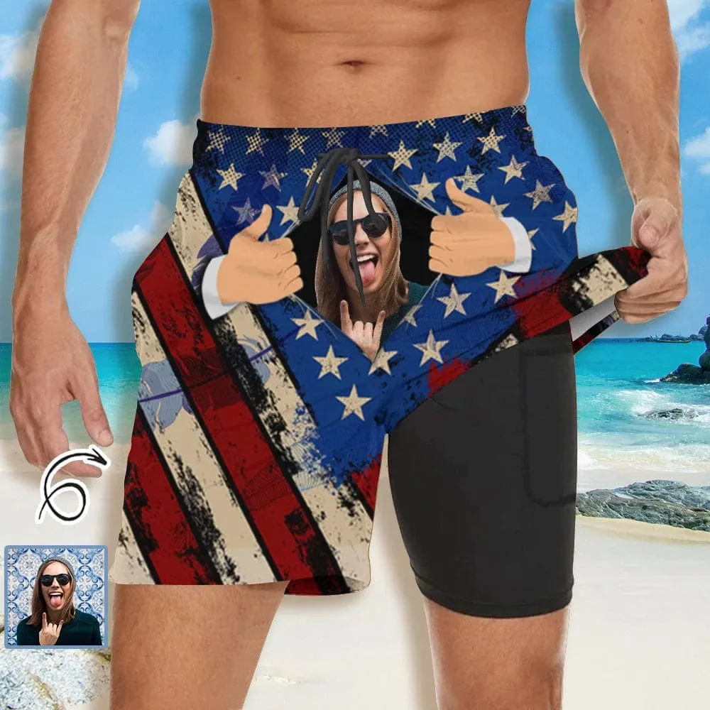 Custom Face American Flag Couple Matching Women's Tankini Sets&Men's Quick Dry 2 in 1 Beach Shorts