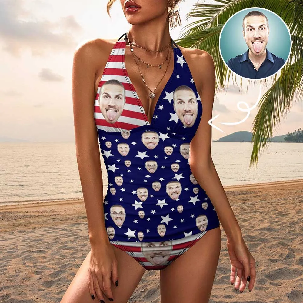 Custom Face American Flag Couple Matching Women's Tankini Sets&Men's Quick Dry 2 in 1 Beach Shorts