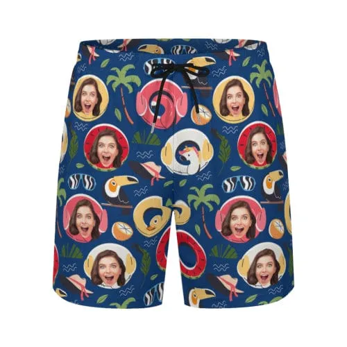 Custom Face Animal Swimming Ring Coconut Tree Men's Quick Dry 2 in 1 Surfing & Beach Shorts Male Gym Fitness Shorts