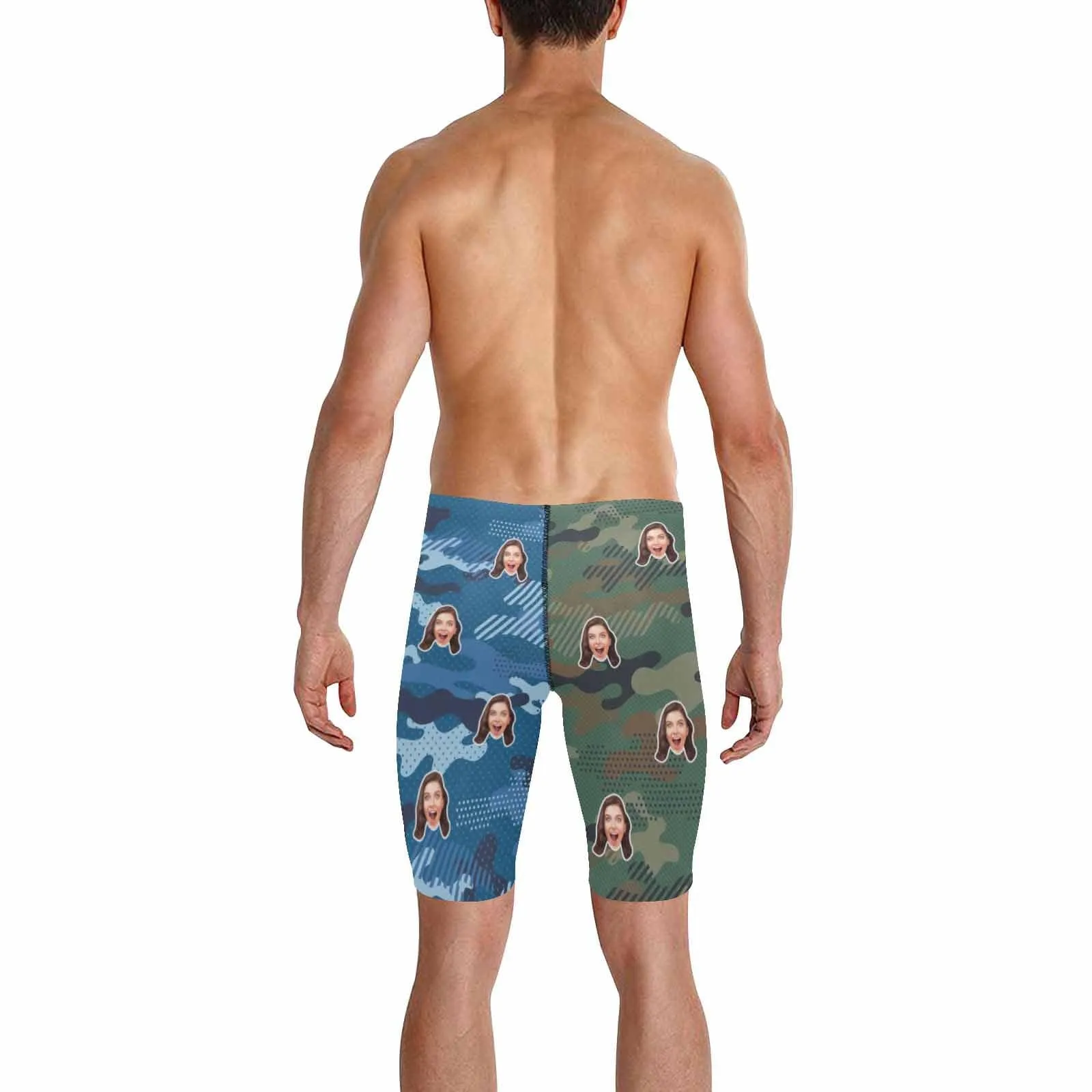 Custom Face Blue Green Camouflage Men's Knee Surf Shorts Rash Guard Swim Trunks Mens Personalized Swimsuit Bathing Suit With Girlfriend's Face on