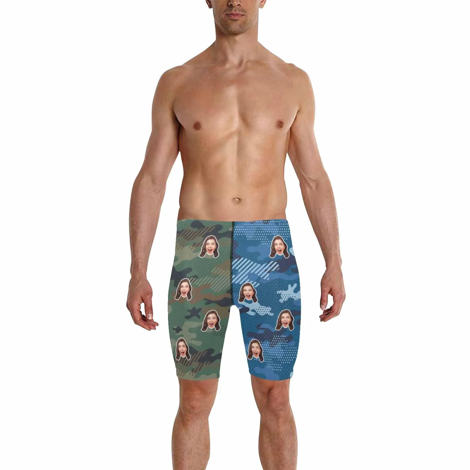 Custom Face Blue Green Camouflage Men's Knee Surf Shorts Rash Guard Swim Trunks Mens Personalized Swimsuit Bathing Suit With Girlfriend's Face on