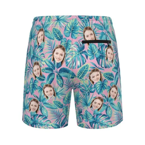 Custom Face Blue Leaves Men's Quick Dry 2 in 1 Surfing & Beach Shorts Male Gym Fitness Shorts