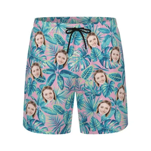 Custom Face Blue Leaves Men's Quick Dry 2 in 1 Surfing & Beach Shorts Male Gym Fitness Shorts