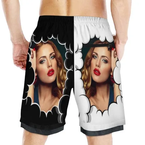 Custom Face Clouds Men's Quick Dry 2 in 1 Surfing & Beach Shorts Male Gym Fitness Shorts