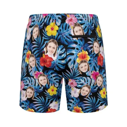 Custom Face Colorful Flowers Men's Quick Dry 2 in 1 Surfing & Beach Shorts Male Gym Fitness Shorts