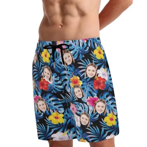 Custom Face Colorful Flowers Men's Quick Dry 2 in 1 Surfing & Beach Shorts Male Gym Fitness Shorts