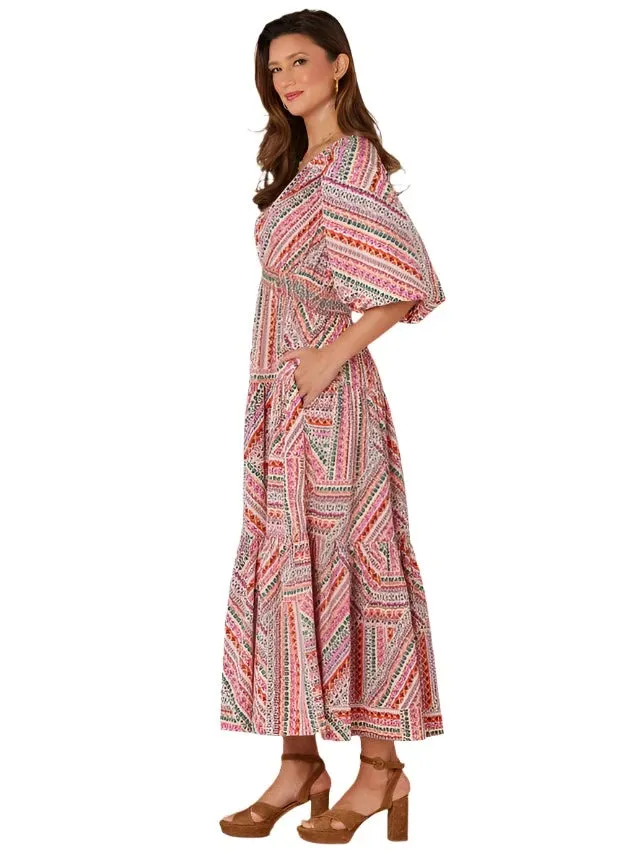 Democracy Womens 3/4 Bubble Sleeve V-Neck Printed Three Tiered Woven Dress