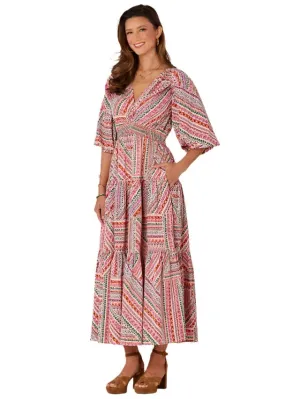 Democracy Womens 3/4 Bubble Sleeve V-Neck Printed Three Tiered Woven Dress