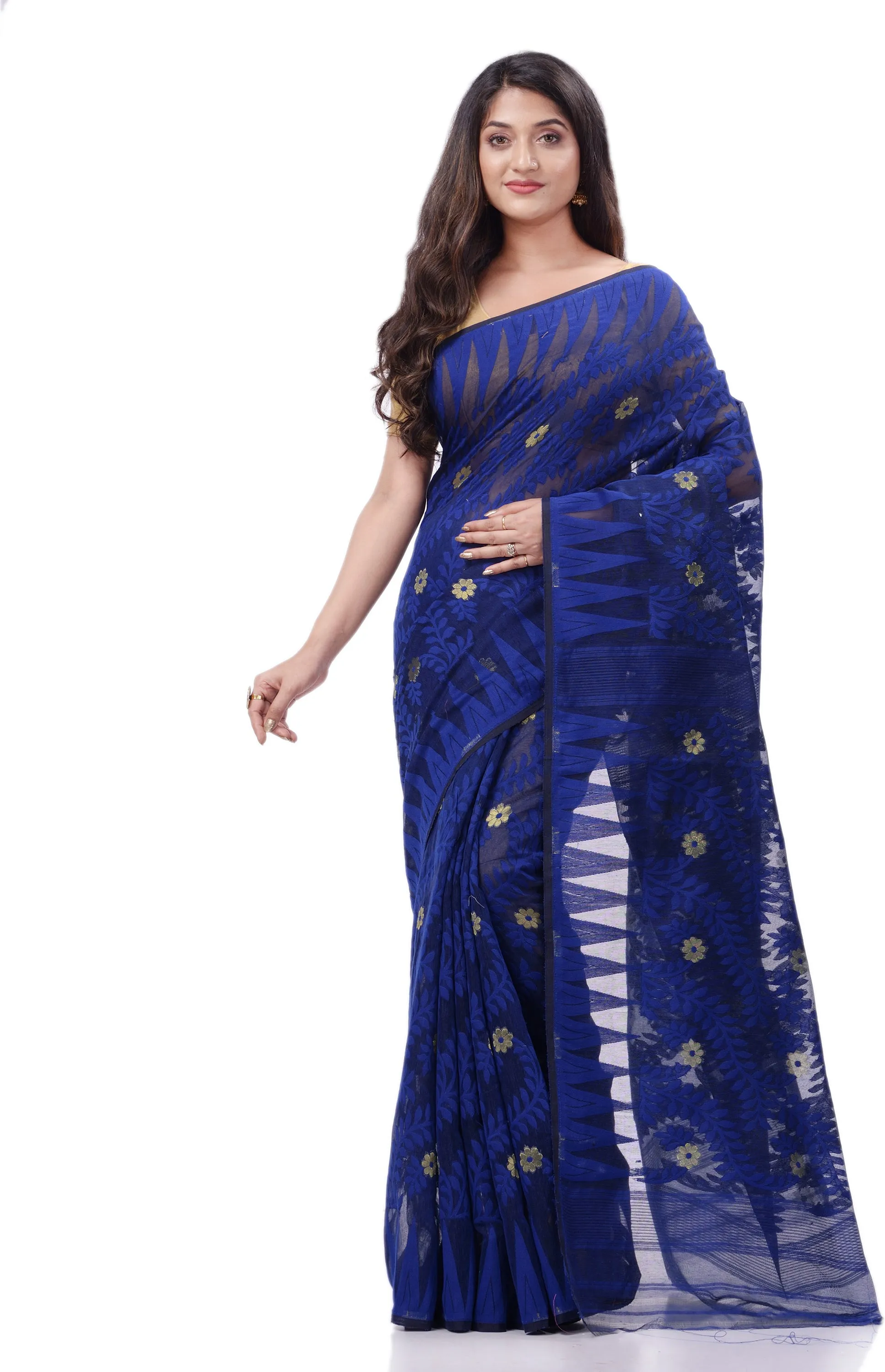 Desh Bidesh Woven Handloom Cotton Silk Saree (Dark Blue)