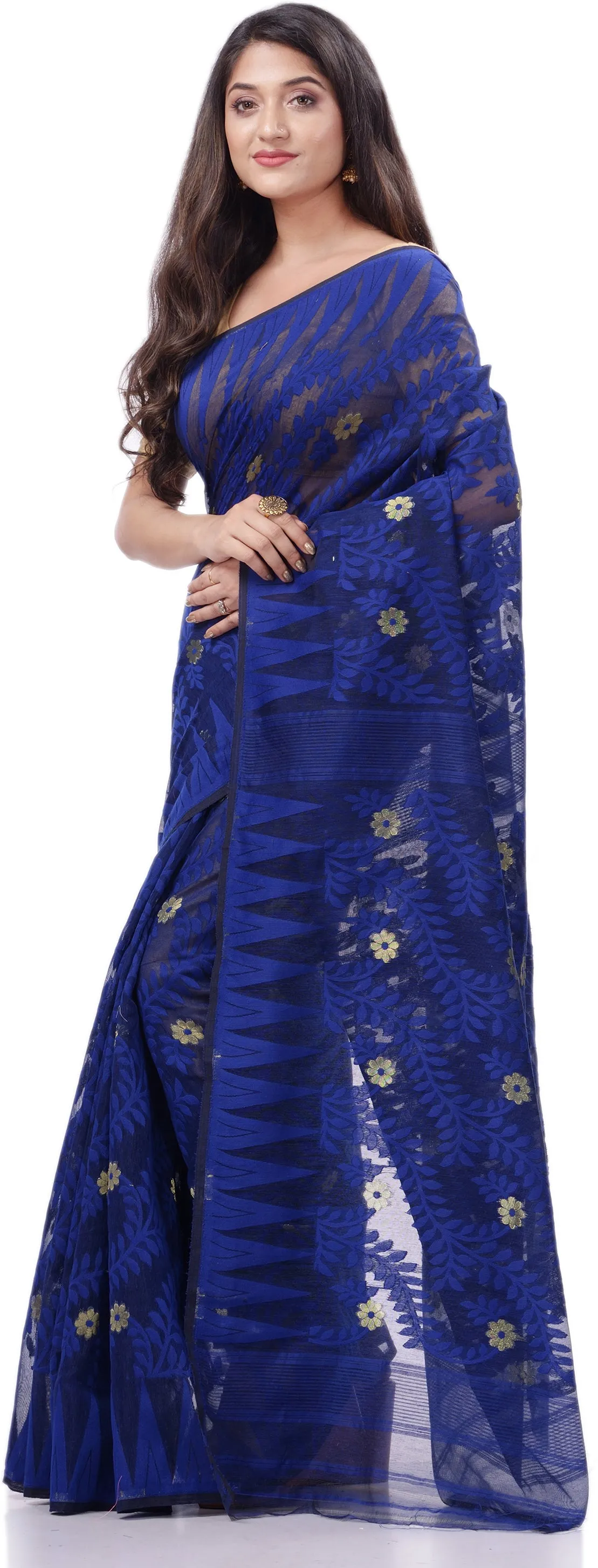 Desh Bidesh Woven Handloom Cotton Silk Saree (Dark Blue)