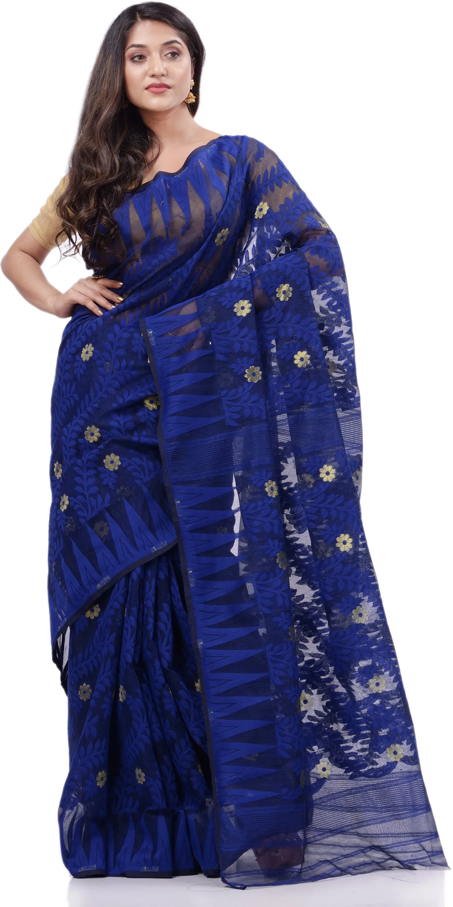 Desh Bidesh Woven Handloom Cotton Silk Saree (Dark Blue)