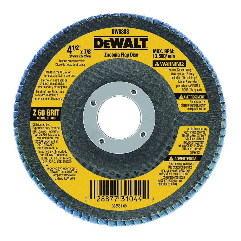 DeWALT DW8309 Flap Disc, 4-1/2 in Dia, 7/8 in Arbor, Coated, 80 Grit, Medium, Zirconia Abrasive