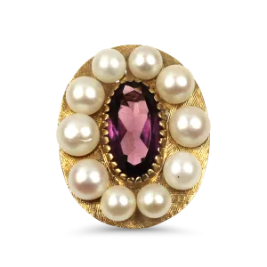 Estate 14K Yellow Gold Amethyst & Pearl Halo Ring