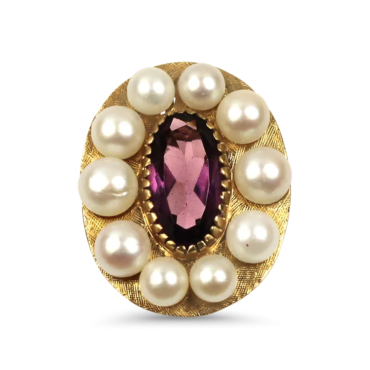 Estate 14K Yellow Gold Amethyst & Pearl Halo Ring