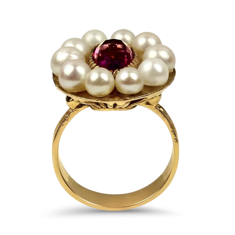 Estate 14K Yellow Gold Amethyst & Pearl Halo Ring