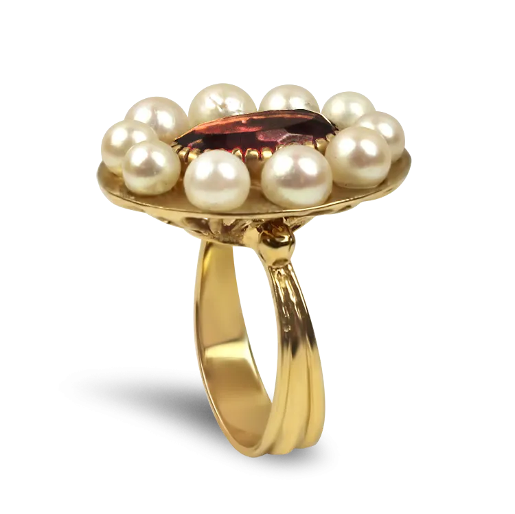 Estate 14K Yellow Gold Amethyst & Pearl Halo Ring