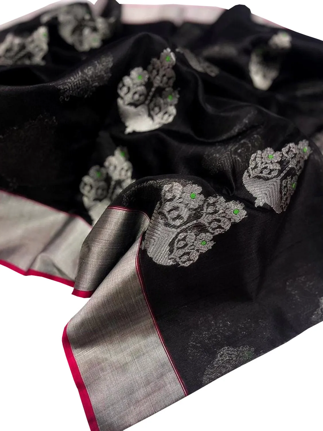 Exquisite Black Chanderi Pure Silk Saree - Handloom Beauty