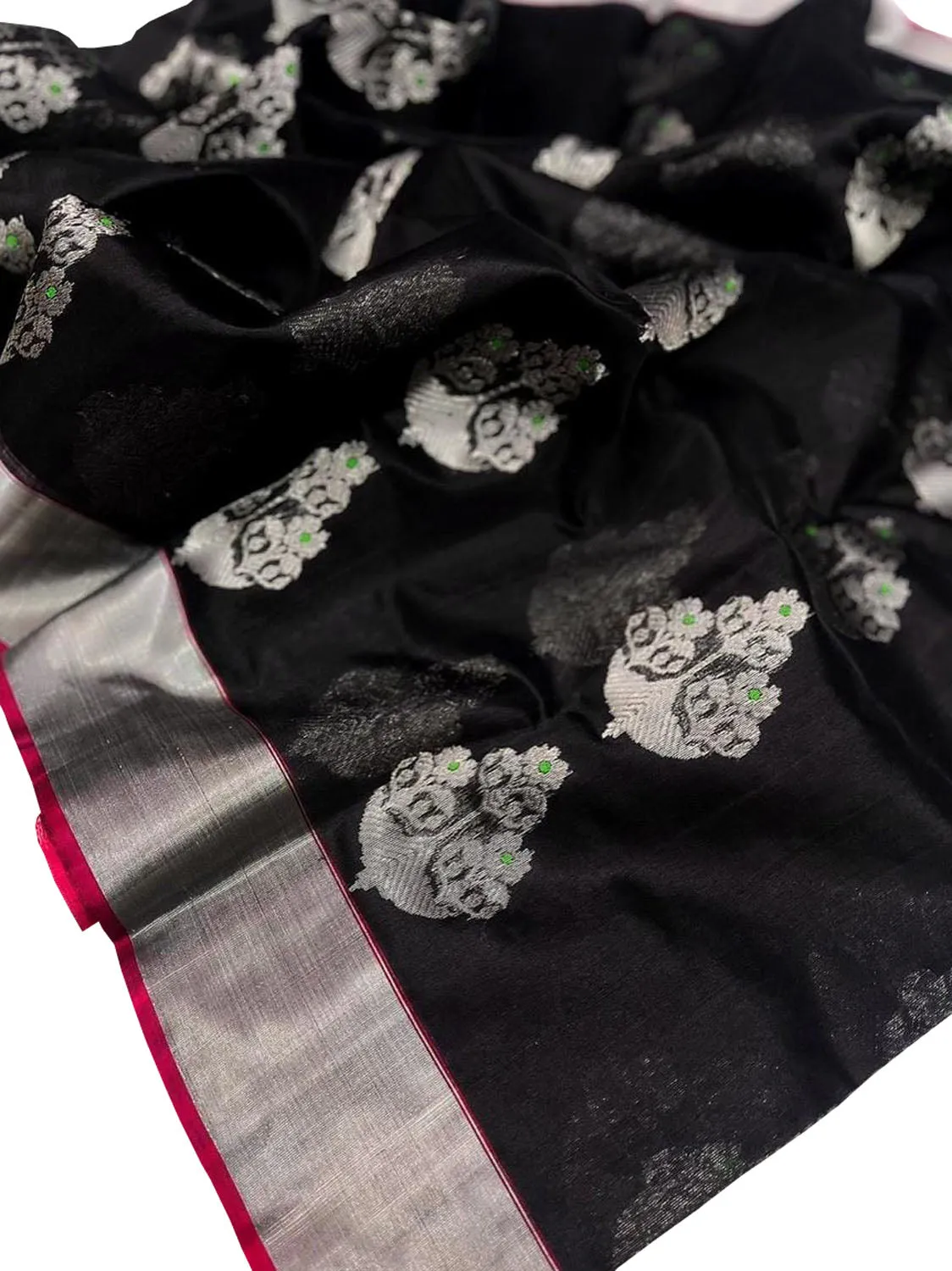 Exquisite Black Chanderi Pure Silk Saree - Handloom Beauty