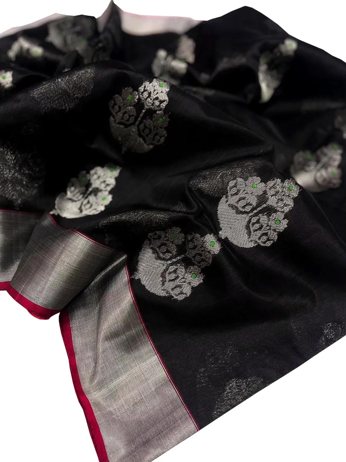 Exquisite Black Chanderi Pure Silk Saree - Handloom Beauty