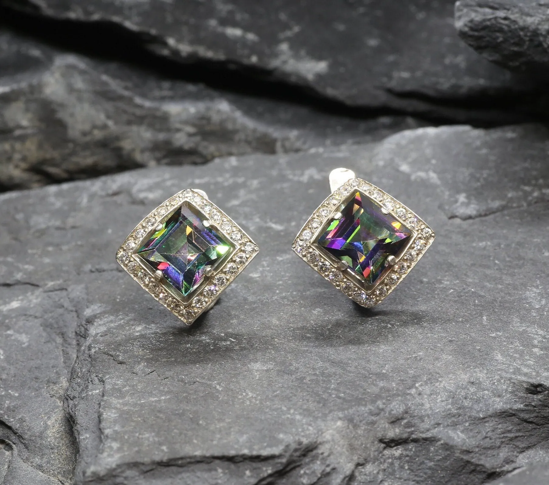 Genuine Topaz Earrings - Mystic Topaz Earrings - Purple Square Studs