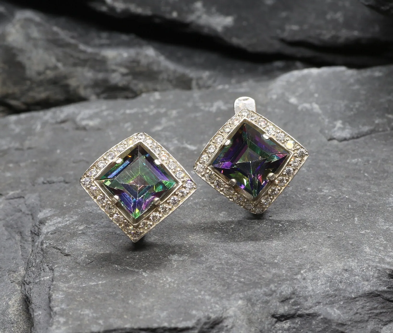 Genuine Topaz Earrings - Mystic Topaz Earrings - Purple Square Studs