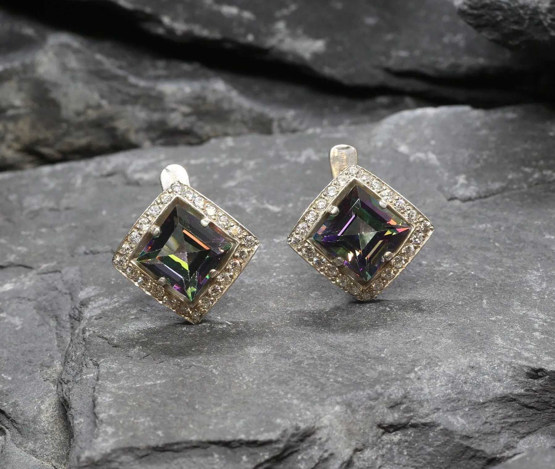 Genuine Topaz Earrings - Mystic Topaz Earrings - Purple Square Studs