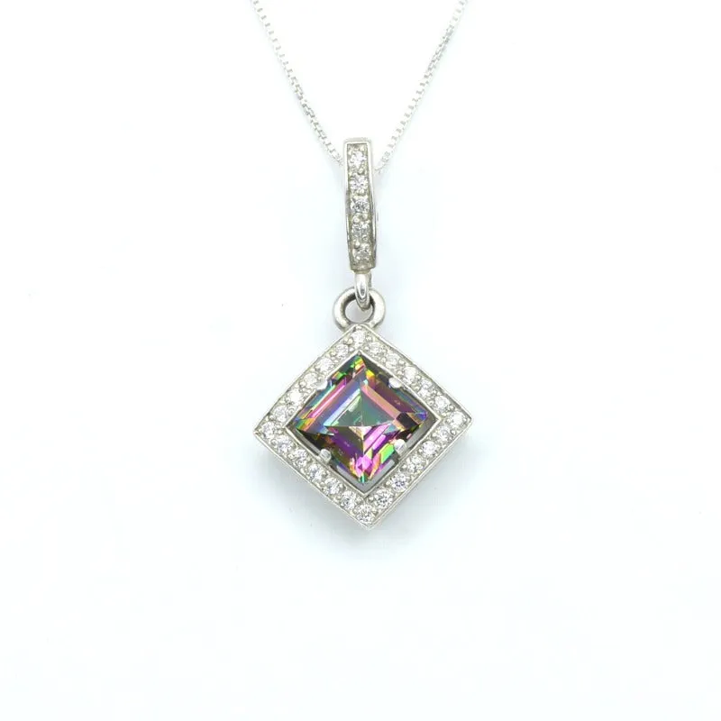 Genuine Topaz Necklace - Mystic Topaz Pendant - Purple Square Necklace