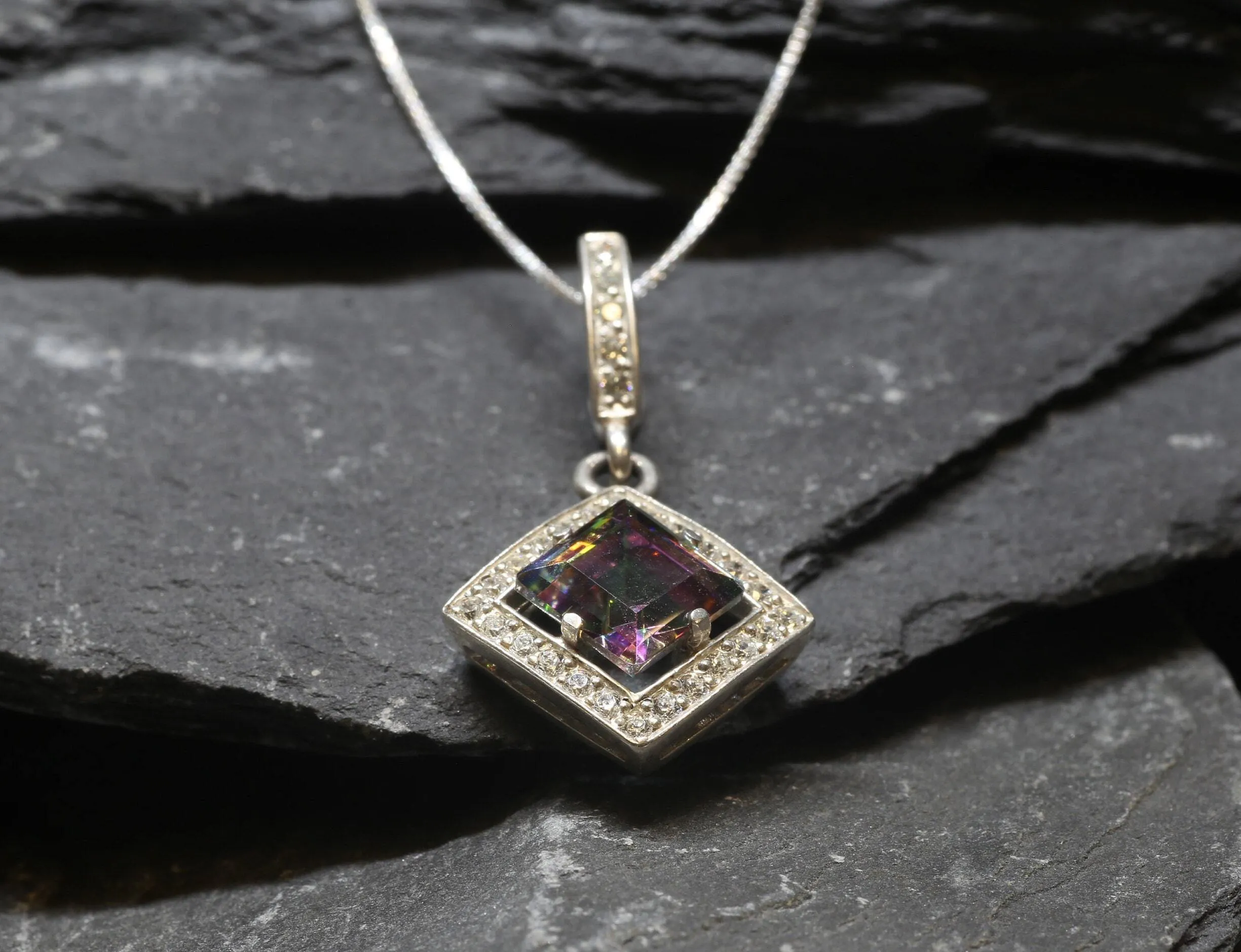 Genuine Topaz Necklace - Mystic Topaz Pendant - Purple Square Necklace