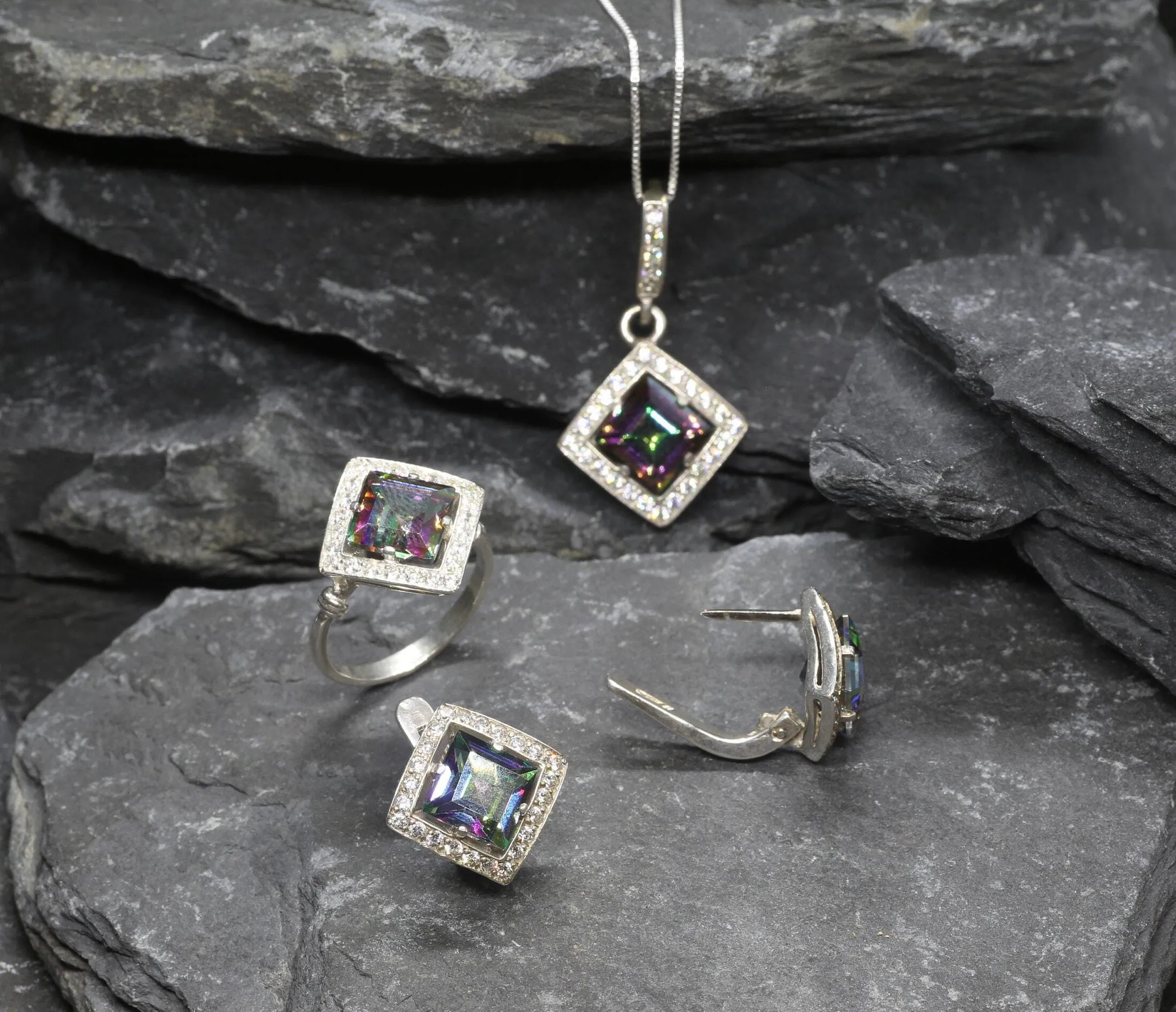 Genuine Topaz Necklace - Mystic Topaz Pendant - Purple Square Necklace