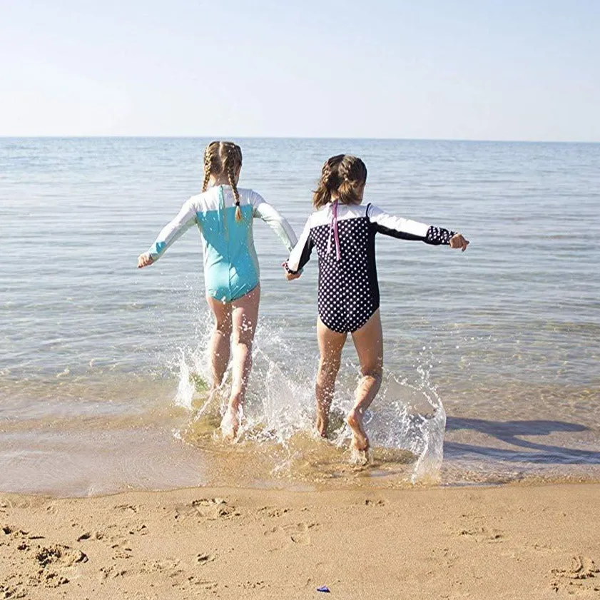 Girls Long Sleeve Surf Suit (One Piece Bodysuit) | "Black Polka Dot"