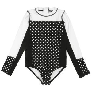 Girls Long Sleeve Surf Suit (One Piece Bodysuit) | "Black Polka Dot"