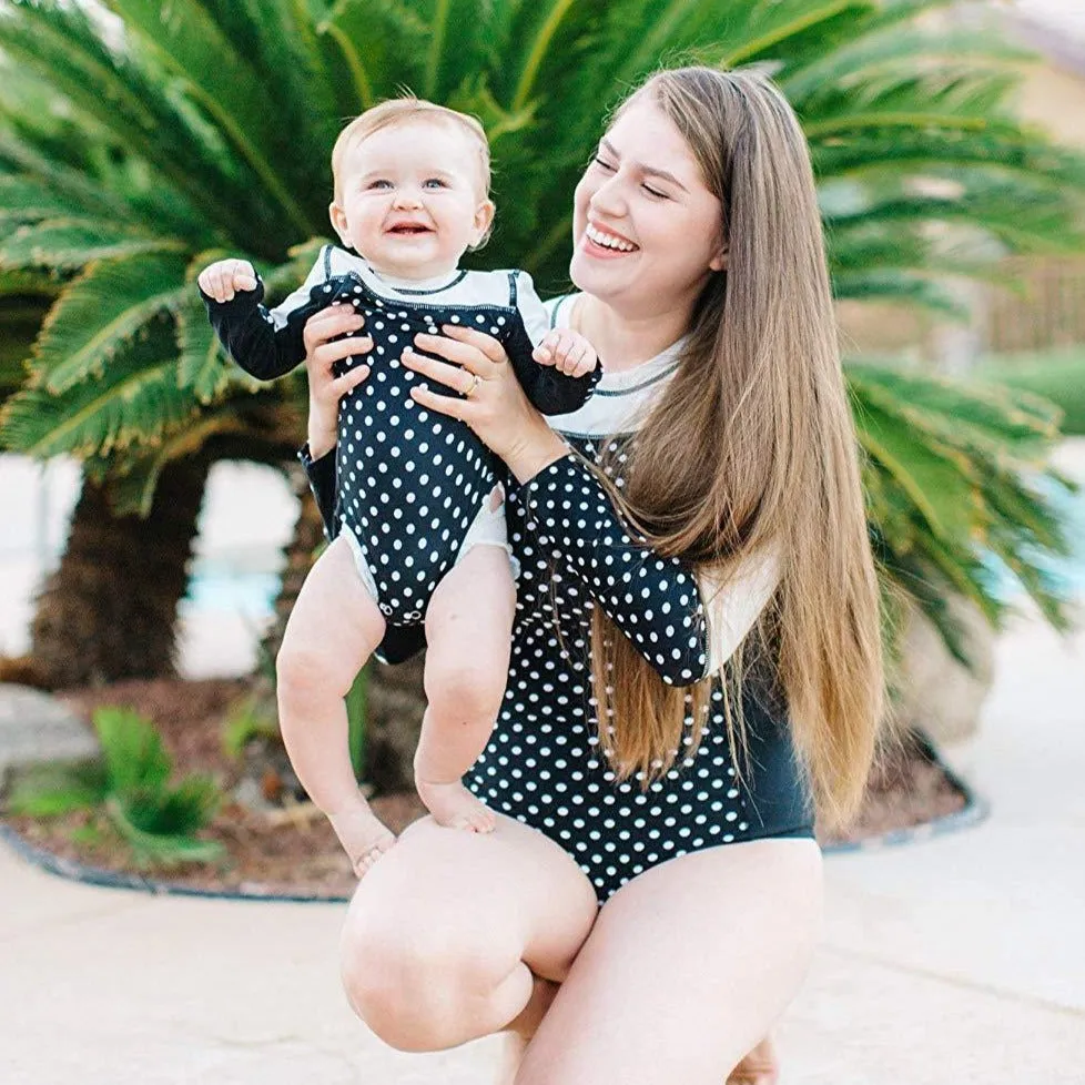 Girls Long Sleeve Surf Suit (One Piece Bodysuit) | "Black Polka Dot"