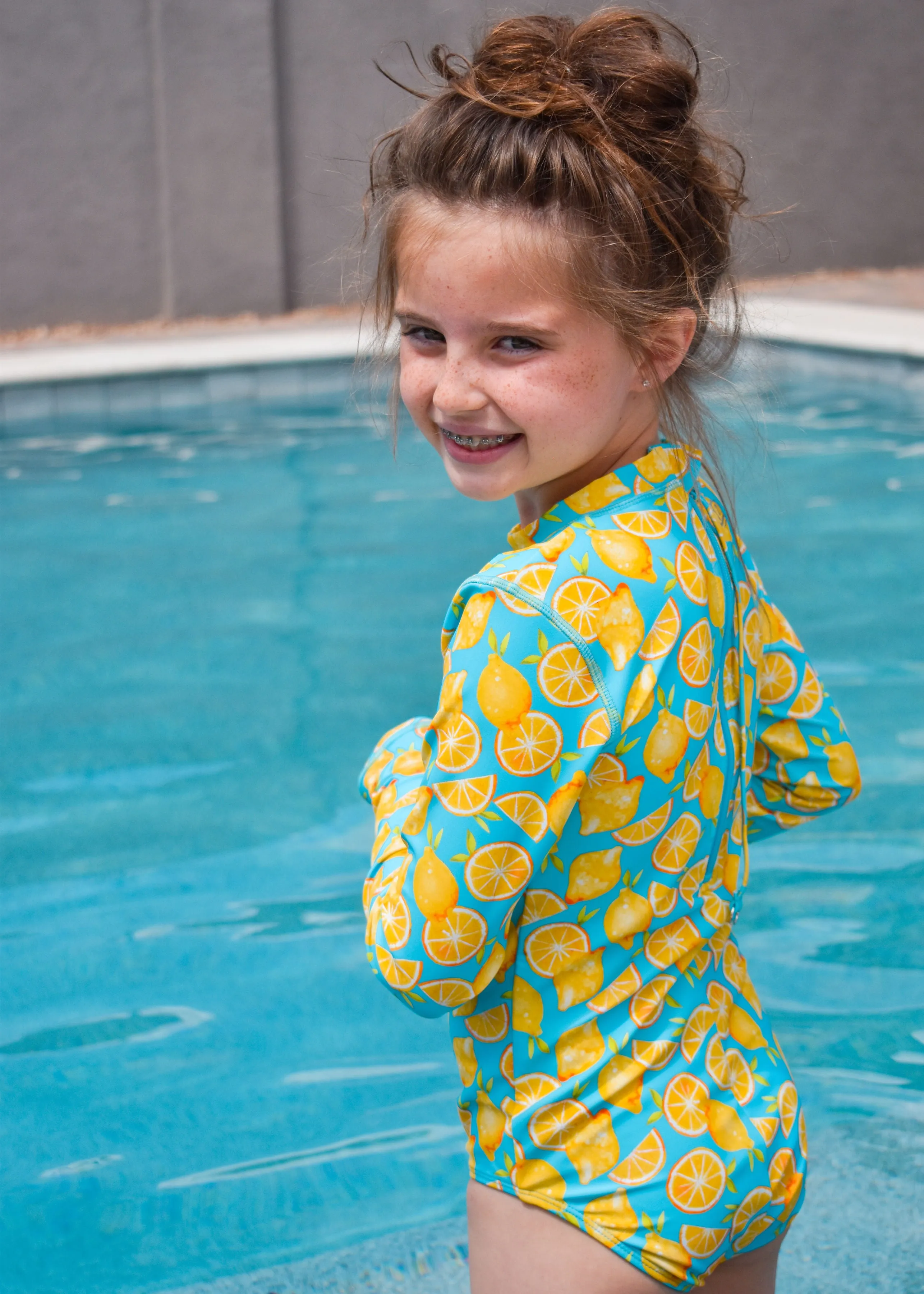 Girls Long Sleeve Surf Suit (One Piece Bodysuit) | "Lemons"