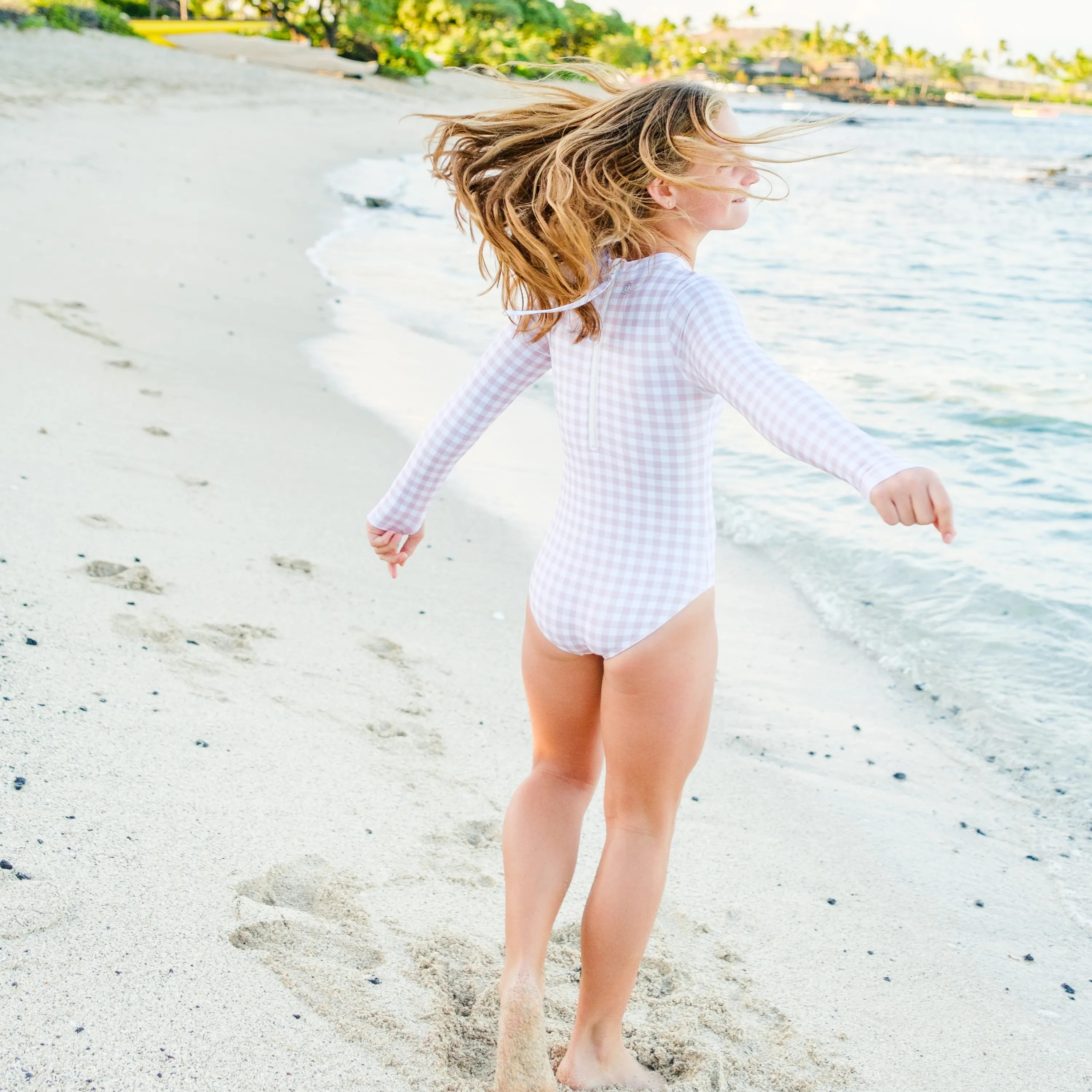 Girls Long Sleeve Surf Suit (One Piece Bodysuit) | "Pink Gingham"