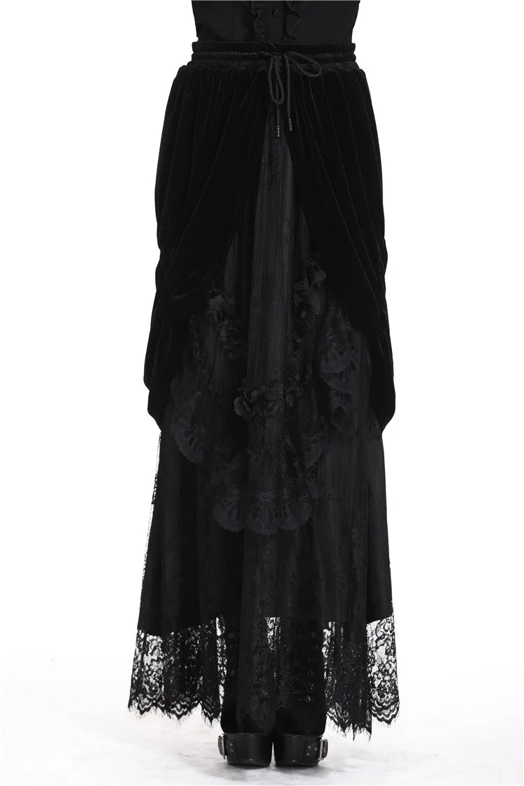 Gothic Black wave velvet lace maxi skirt KW133BK