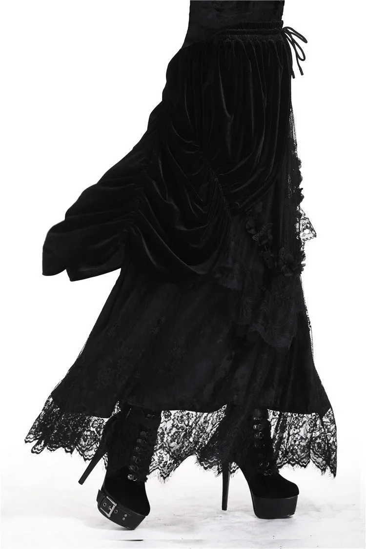 Gothic Black wave velvet lace maxi skirt KW133BK