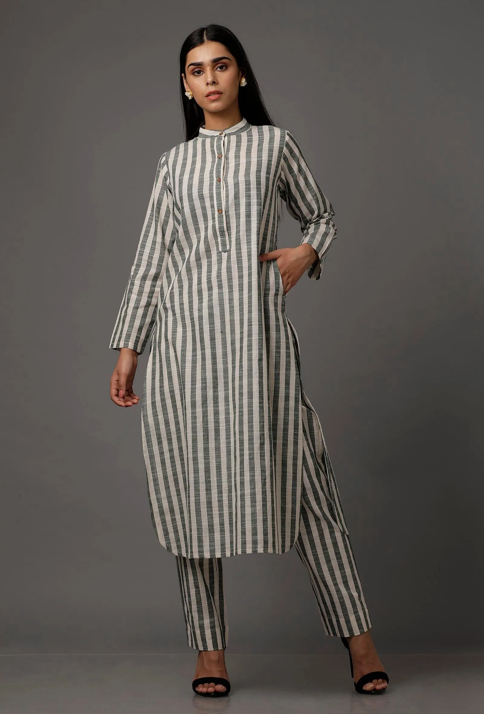 Green and White Stripes Pure Woven Cotton Kurta