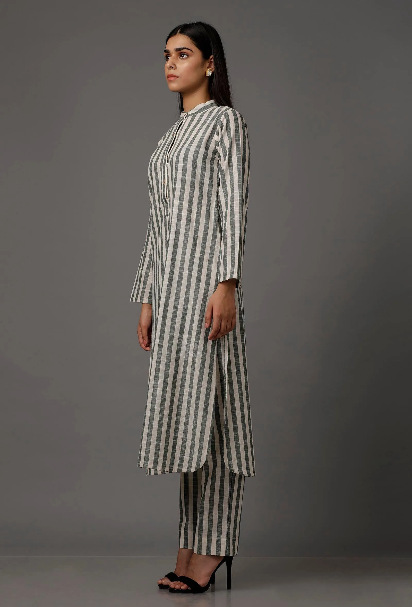 Green and White Stripes Pure Woven Cotton Kurta