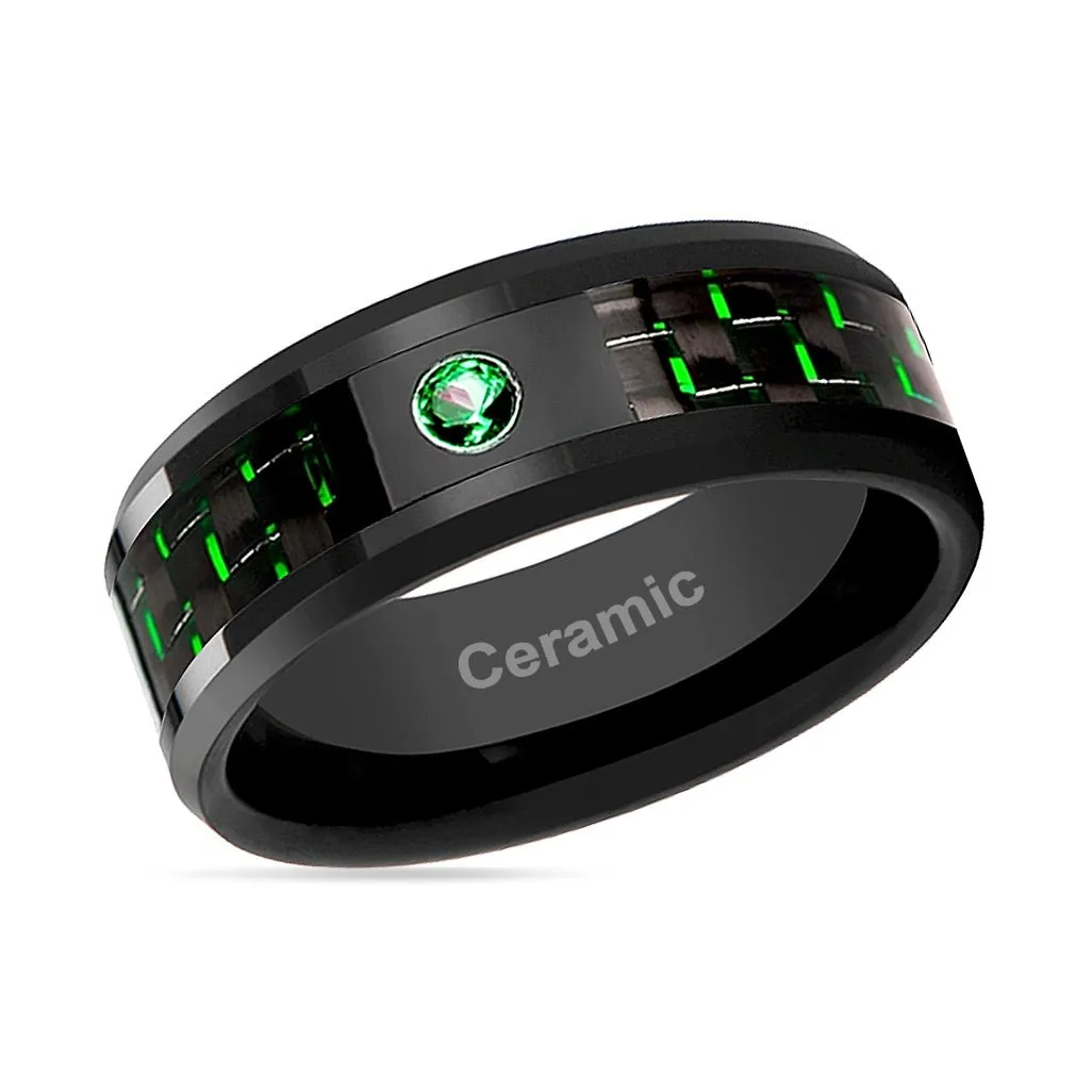 HADAR | Black Ceramic Ring, Green Emerald Stone, Green Carbon Fiber, Beveled