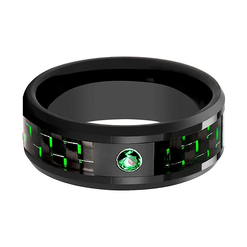 HADAR | Black Ceramic Ring, Green Emerald Stone, Green Carbon Fiber, Beveled