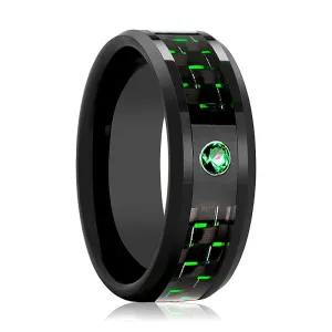 HADAR | Black Ceramic Ring, Green Emerald Stone, Green Carbon Fiber, Beveled