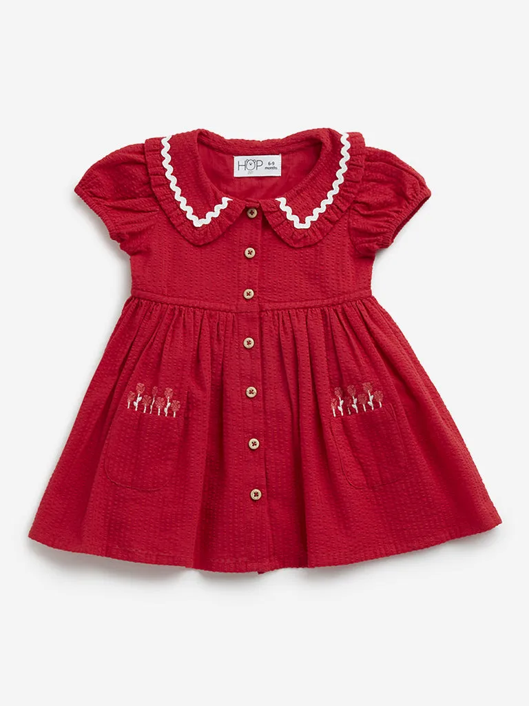 HOP Baby Red Floral Embroidered Cotton Shirt Dress