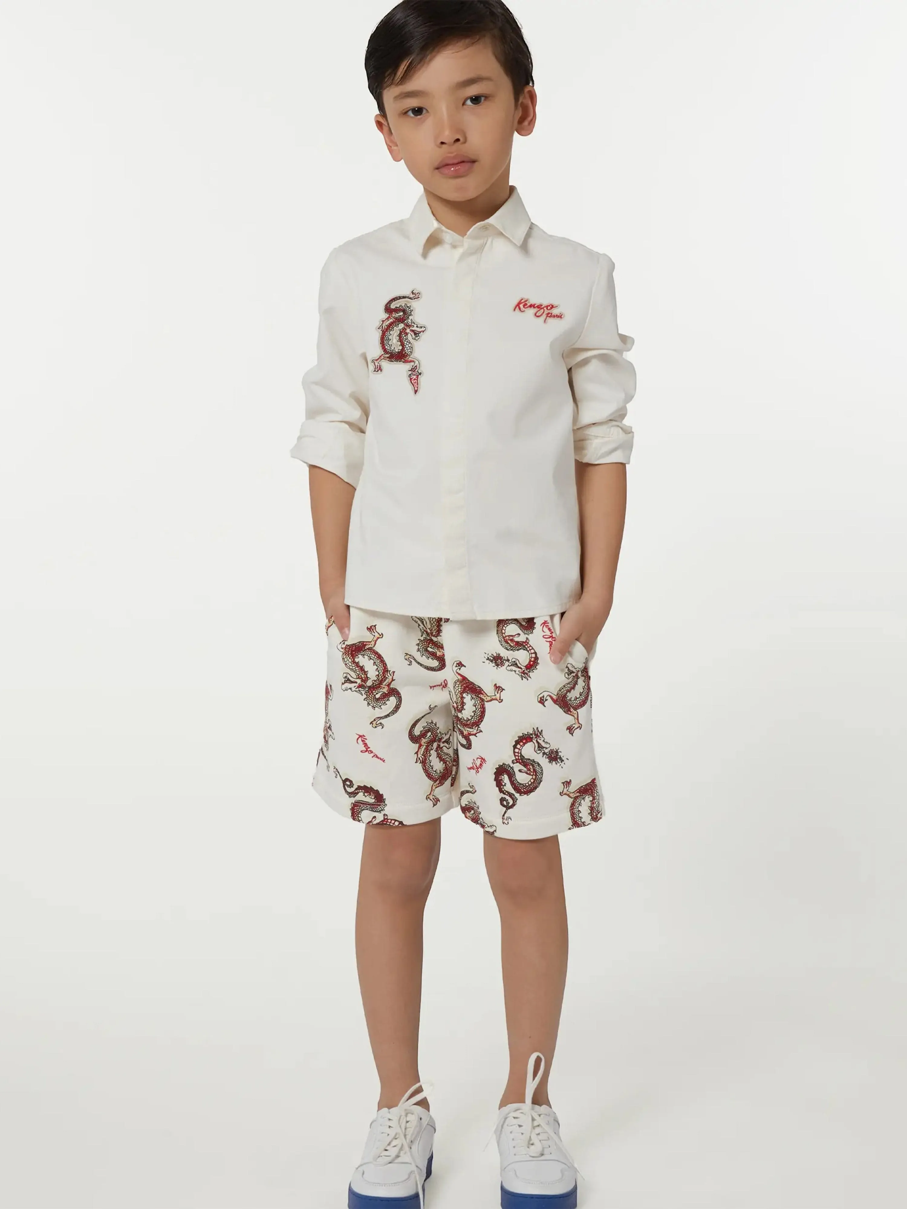 KENZO Boys Embroidered Dragon Shirt in Ivory