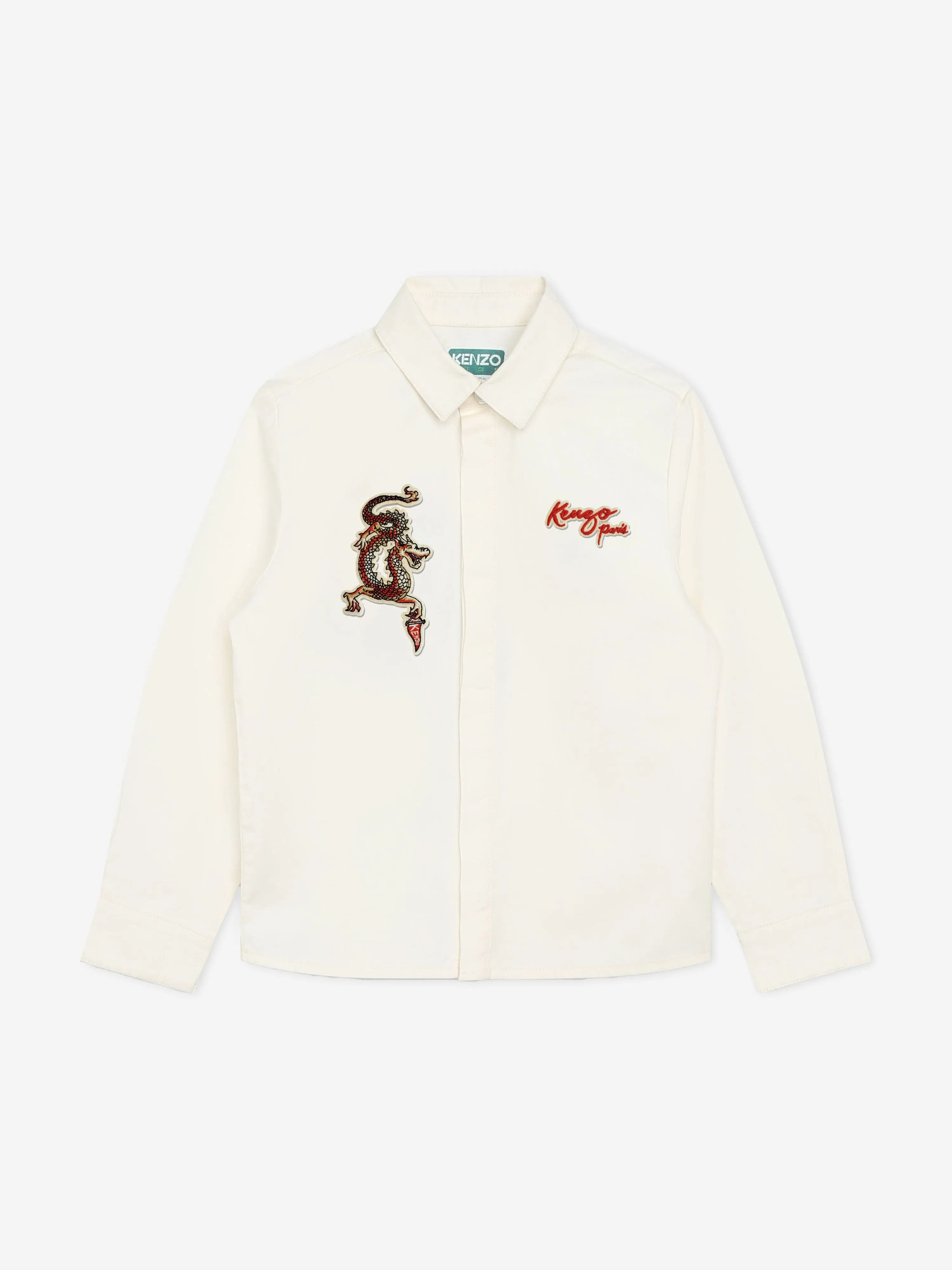 KENZO Boys Embroidered Dragon Shirt in Ivory