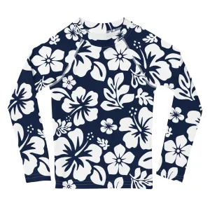 Kids Navy Blue and White Hawaiian Flowers Rash Guard