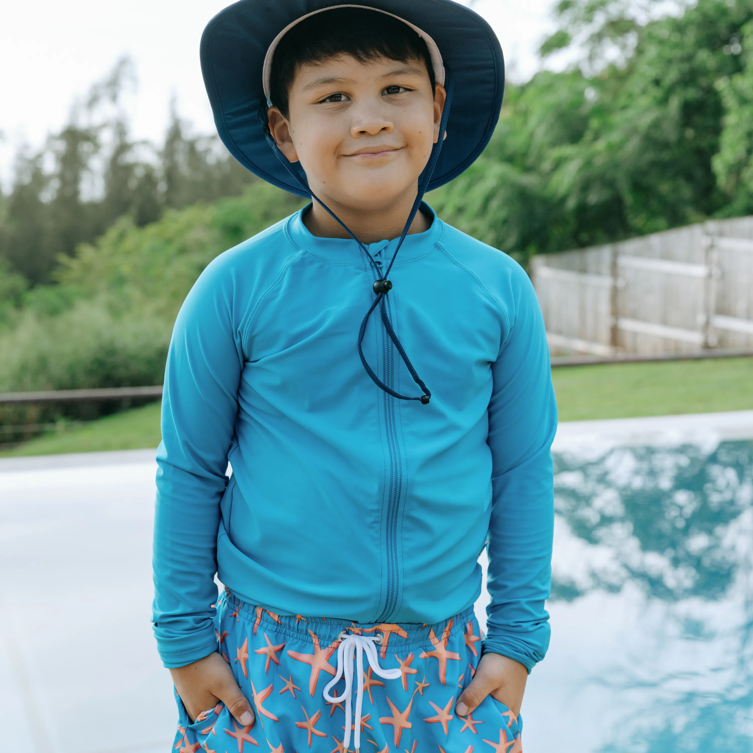 Kids UPF 50  Long Sleeve Zipper Rash Guard Swim Shirt | "Blue Danube"