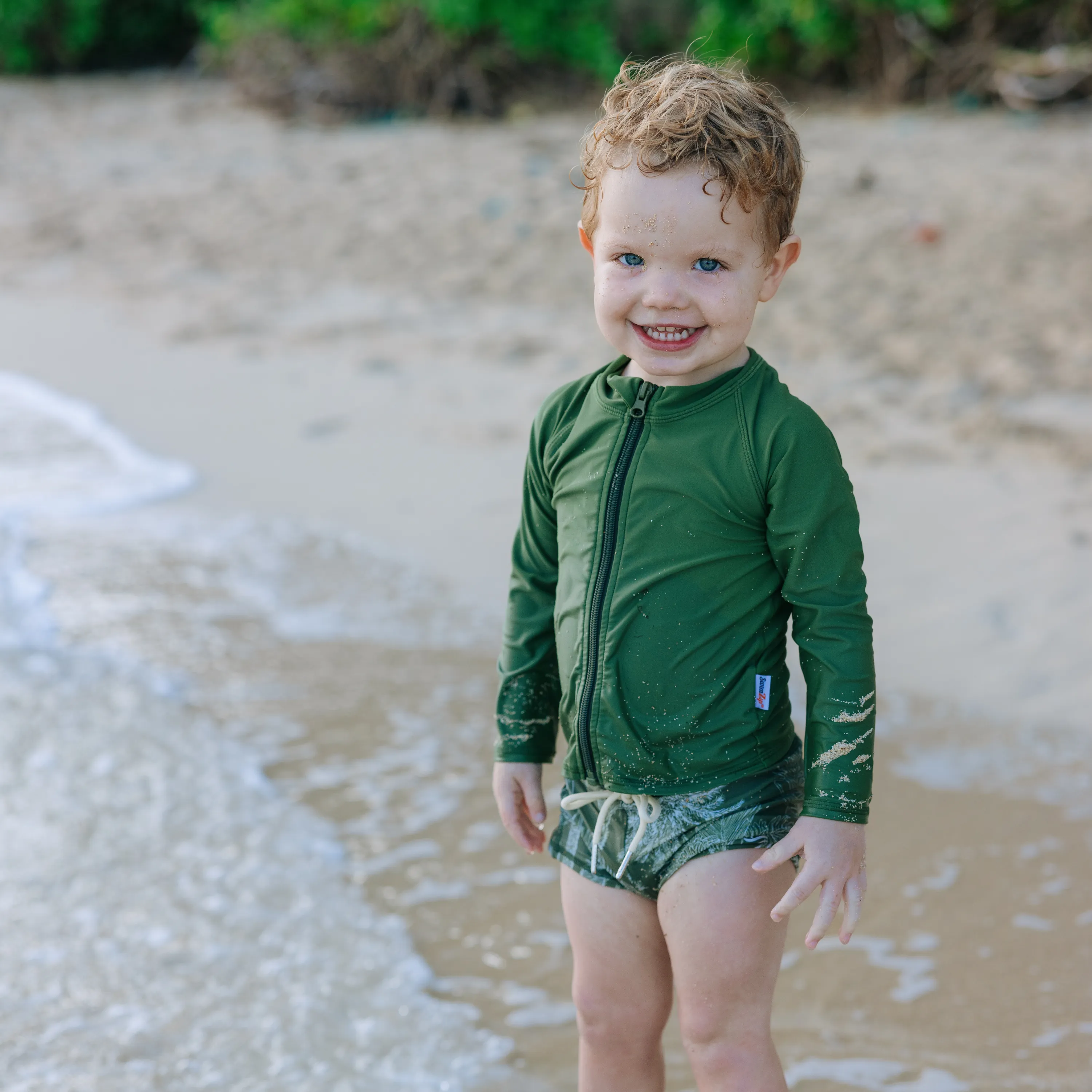 Kids UPF 50  Long Sleeve Zipper Rash Guard Swim Shirt | "Garden Green"