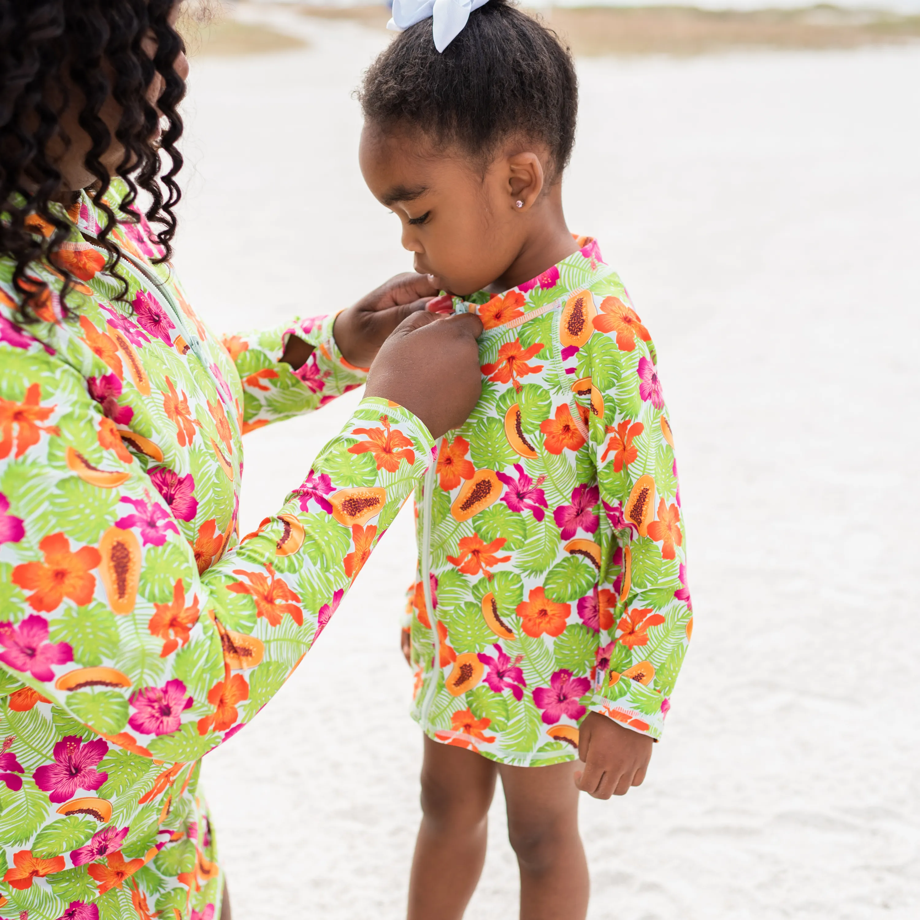 Kids UPF 50  Long Sleeve Zipper Rash Guard Swim Shirt | "Hibiscus"