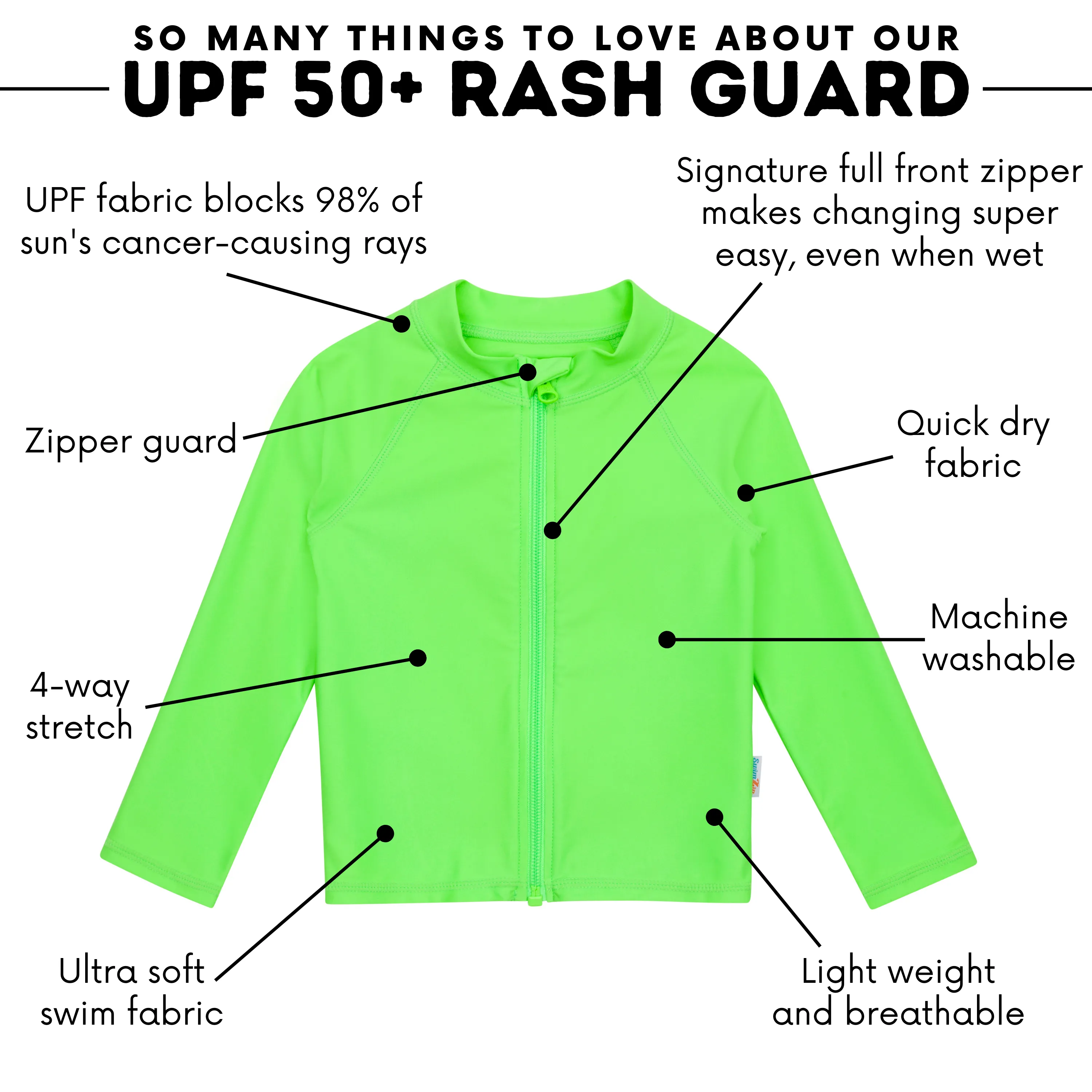 Kids UPF 50  Long Sleeve Zipper Rash Guard Swim Shirt | "Neon Green"