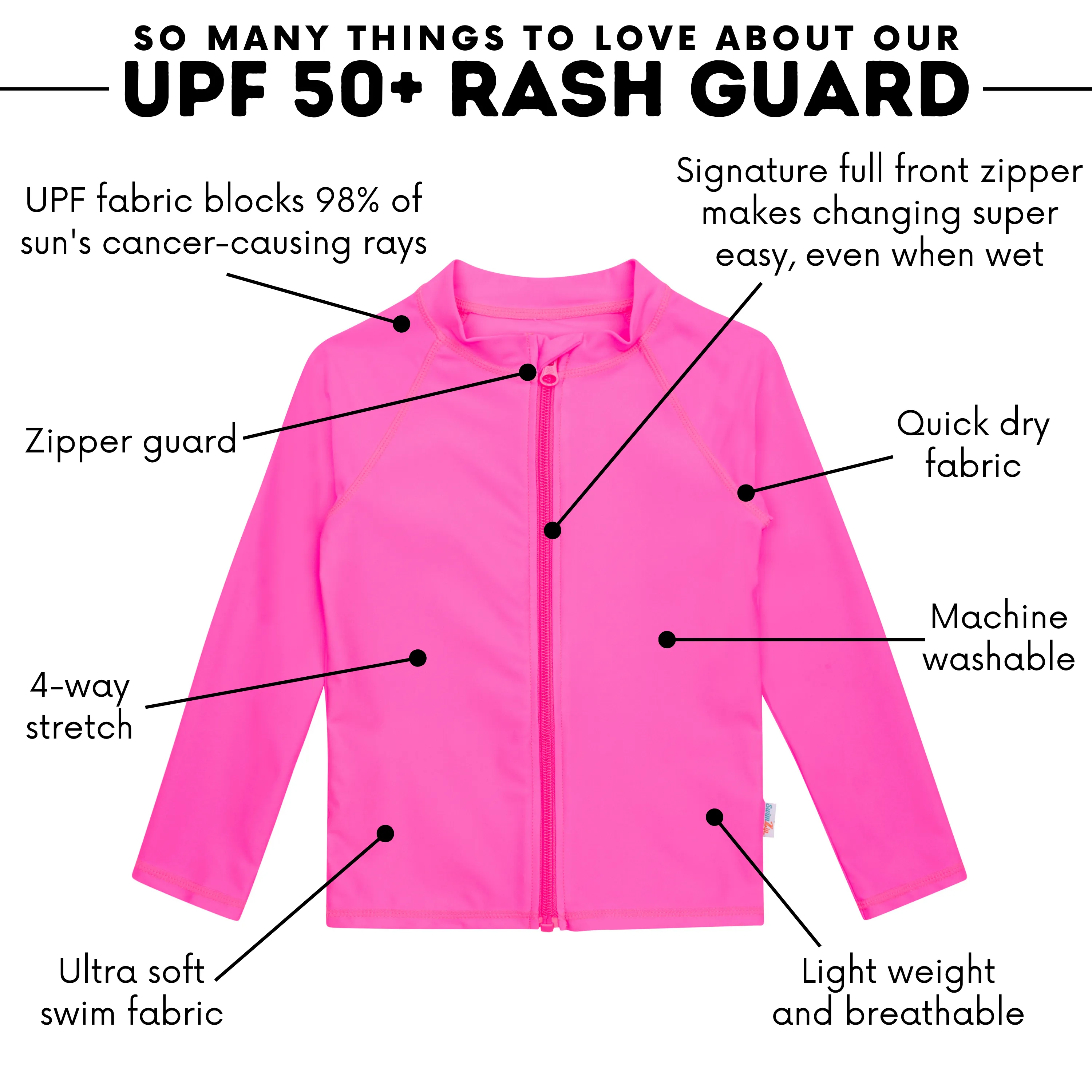 Kids UPF 50  Long Sleeve Zipper Rash Guard Swim Shirt | "Neon Pink"